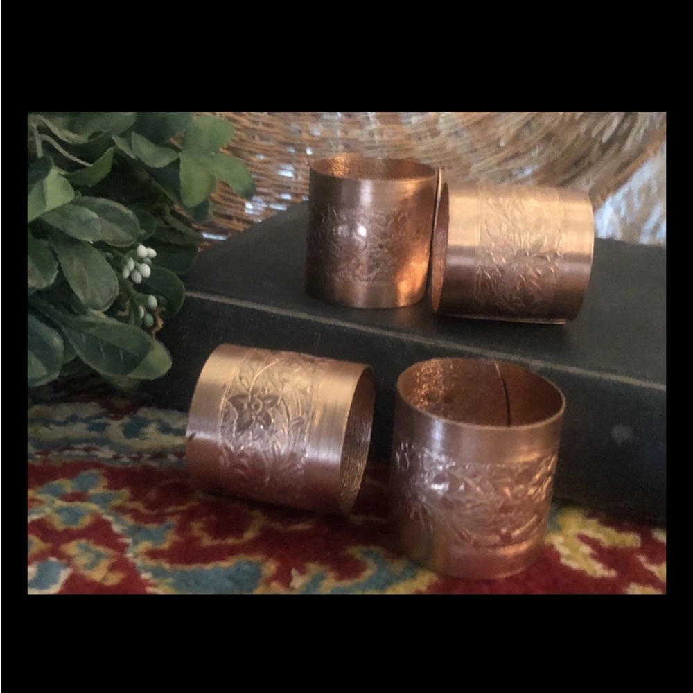 Coppercraft Guild Copper Napkin Rings Set Of 4 Tooled Engraved‎ Floral Excellent